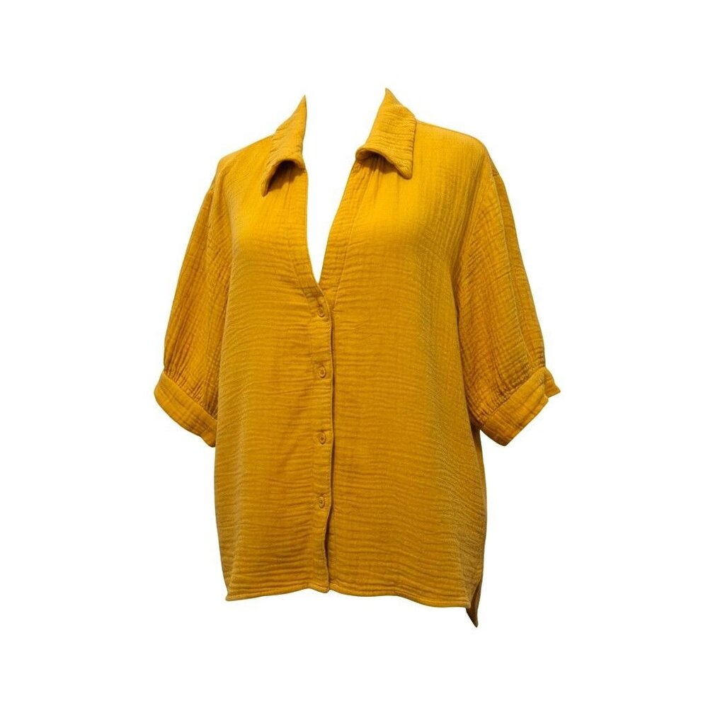 Sundays Womens Mustard Yellow Cotton‎ Gauze Button-Up Shirt V-Neck Sz M Normcore